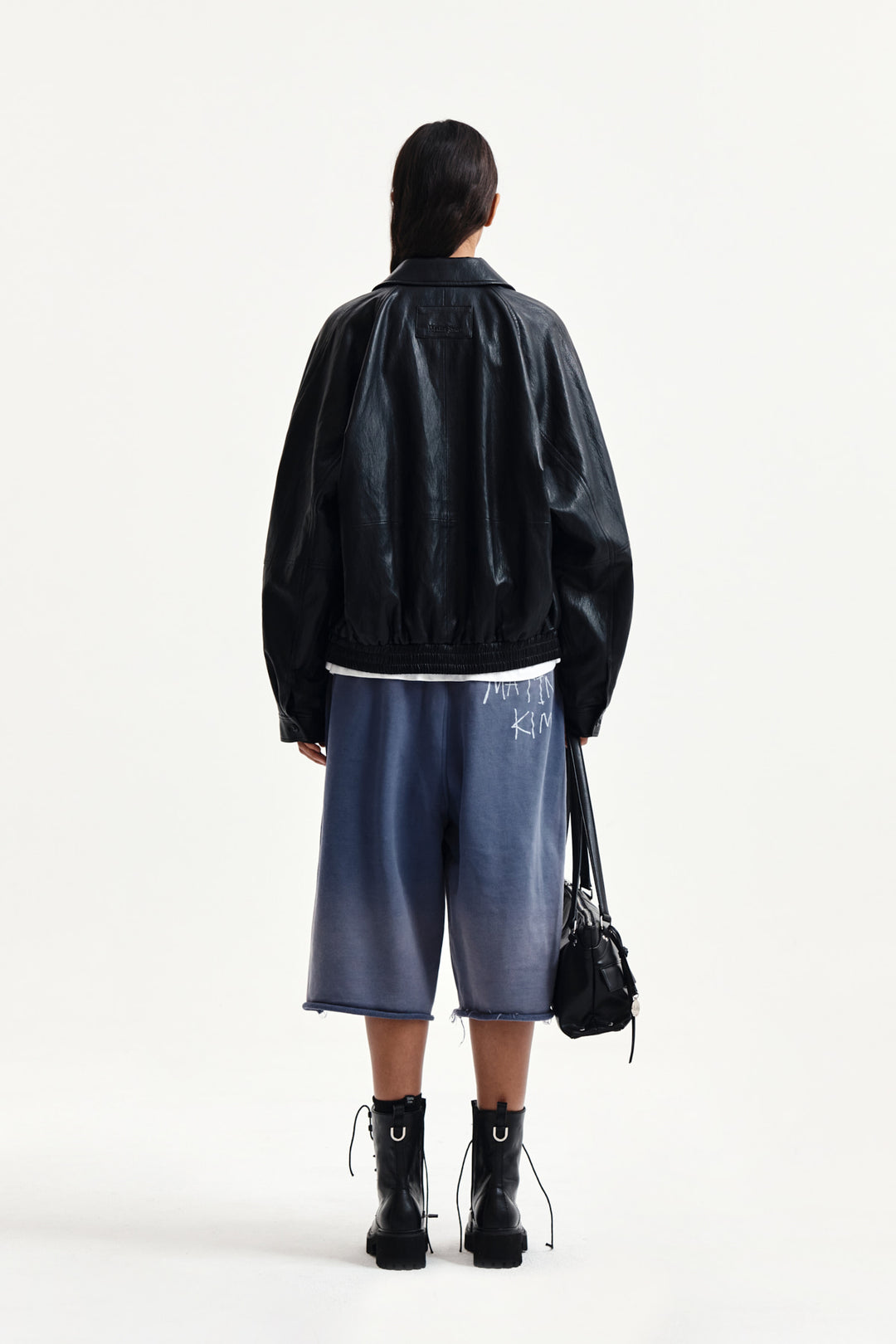 Matin Kim Vintage Washed Back Logo Bermuda Sweatpants — Blue