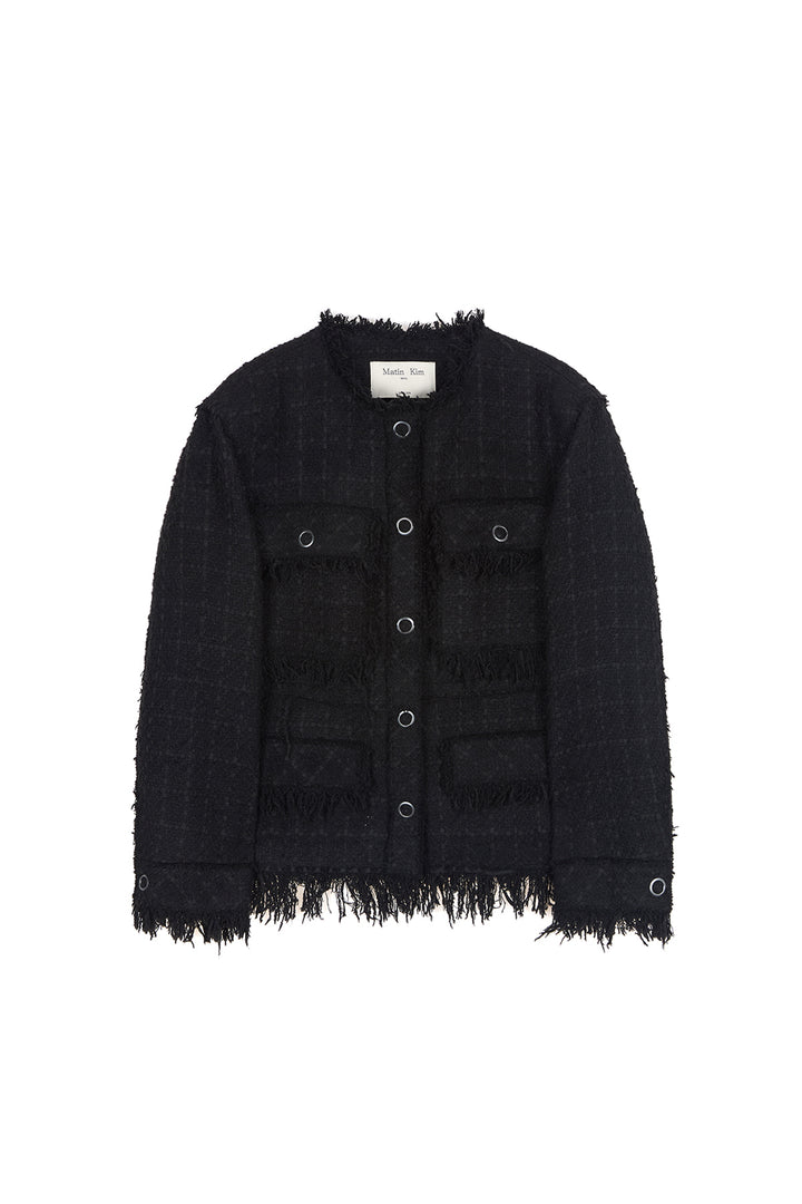 Matin Kim Two Way Collarless Tweed Jacket — Black
