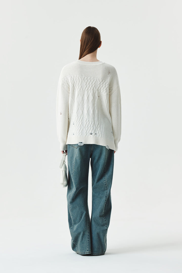 KIMMATIN Cable Mix Damage Knit Pullover — Ivory
