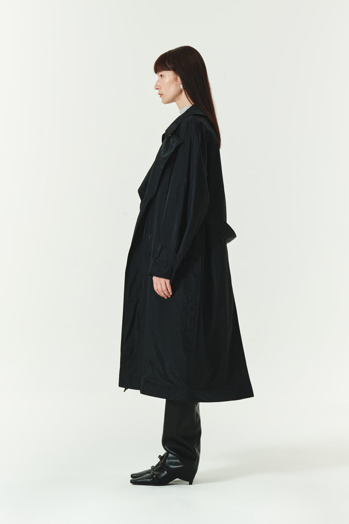 KIMMATIN Raglan Belted Nylon Trench Coat — Black