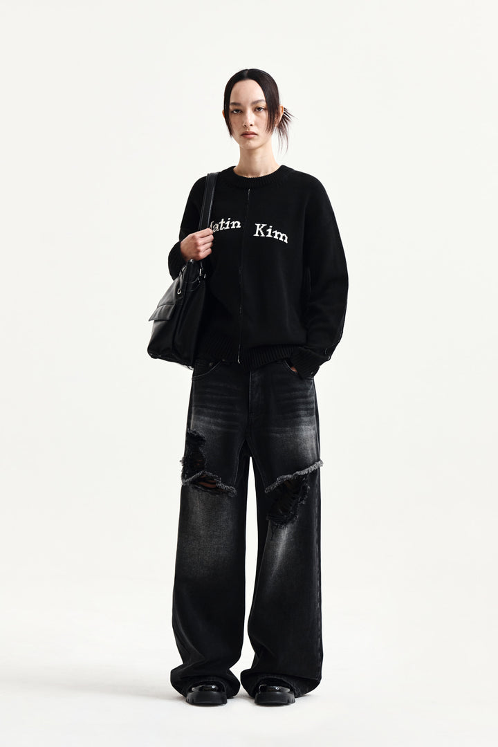 Matin Kim Asymmetric Logo Knit Pullover — Black