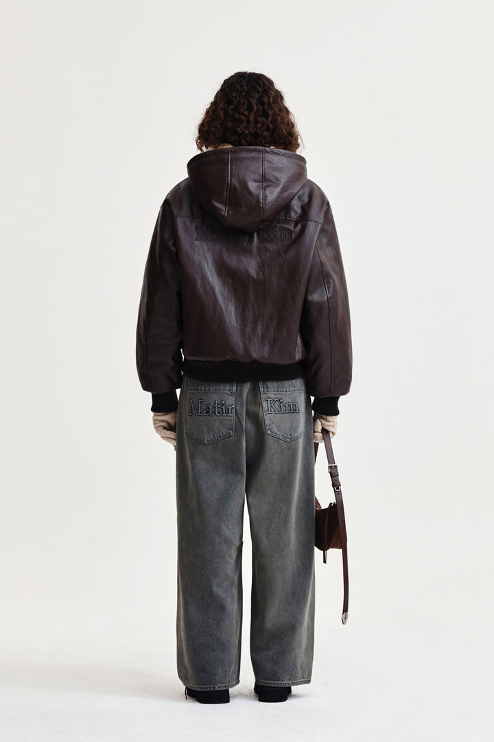 Matin Kim Faux Leather Zip-Up Hoody — Brown