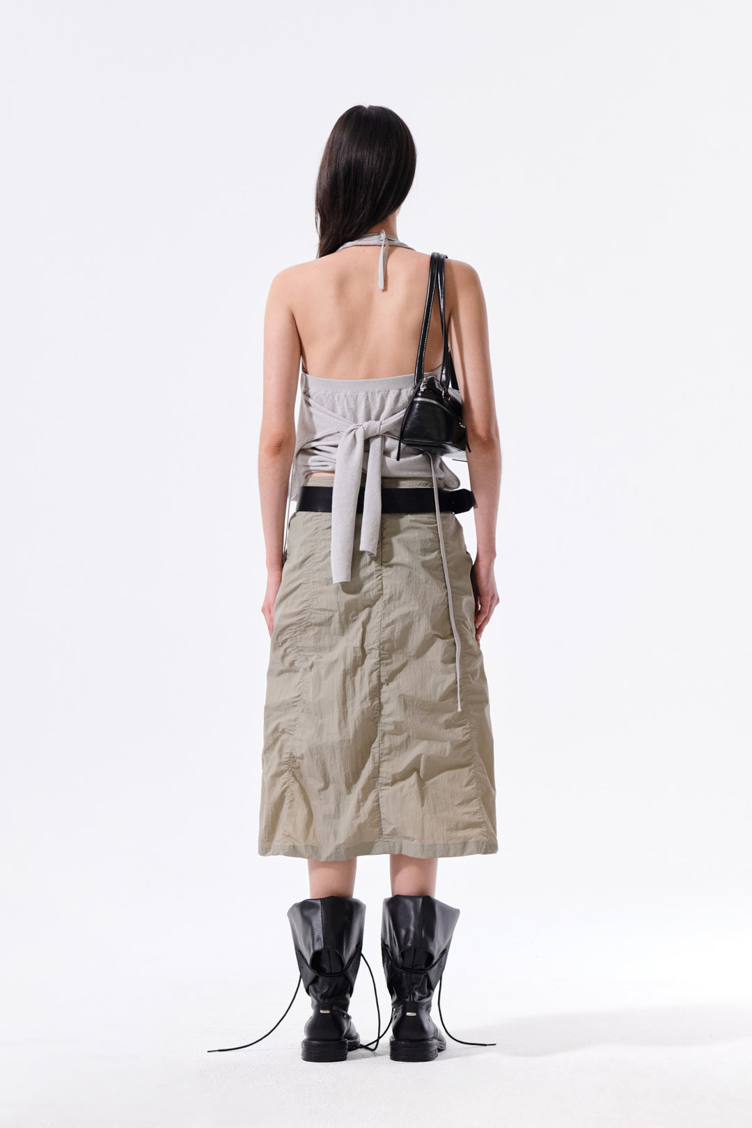 Matin Kim Layered Tie Halter Neck Knit Top — Light Grey