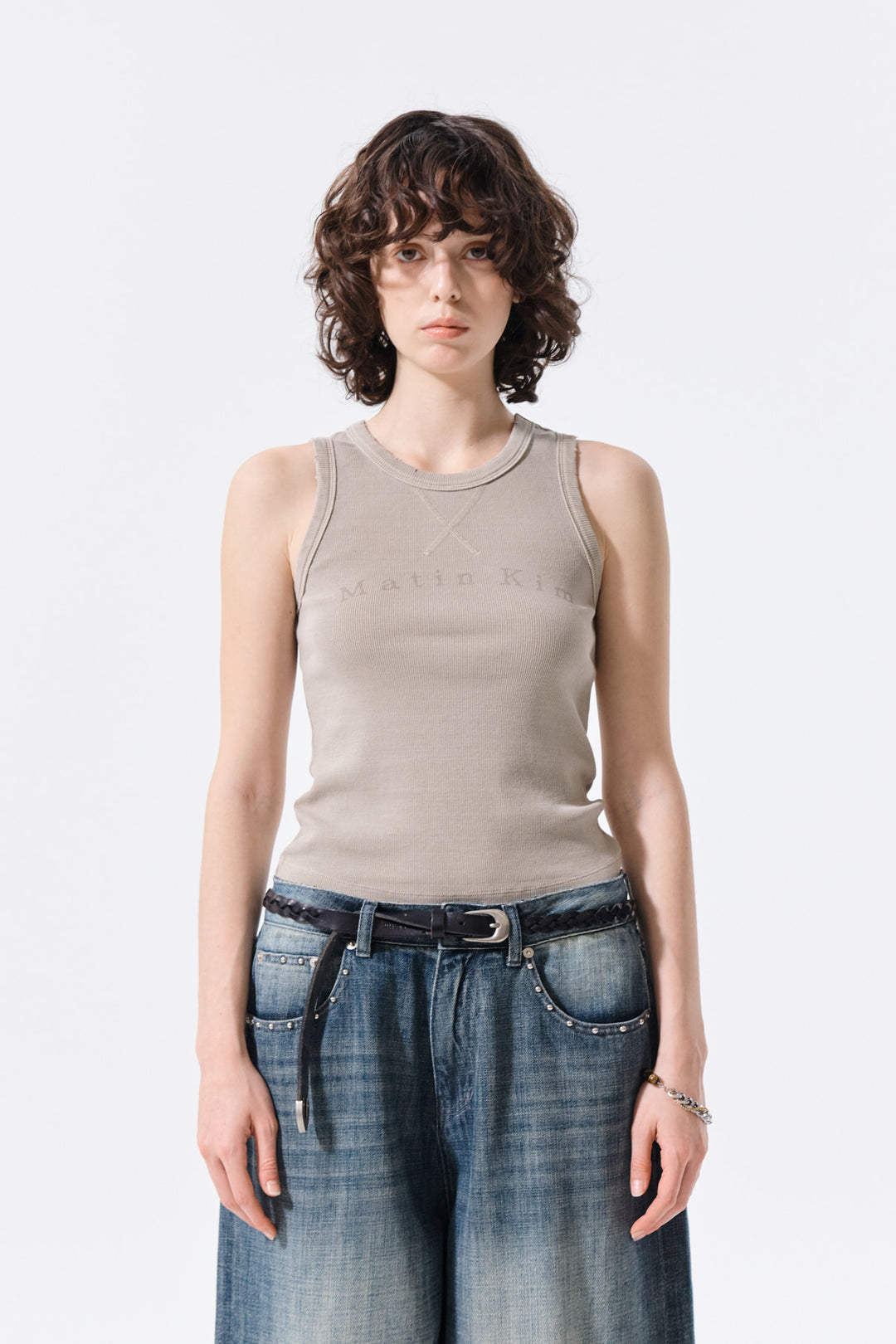 Matin Kim Distressed Sleeveless Logo Top — Beige