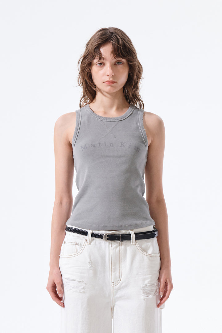 Matin Kim Distressed Sleeveless Logo Top — Light Grey