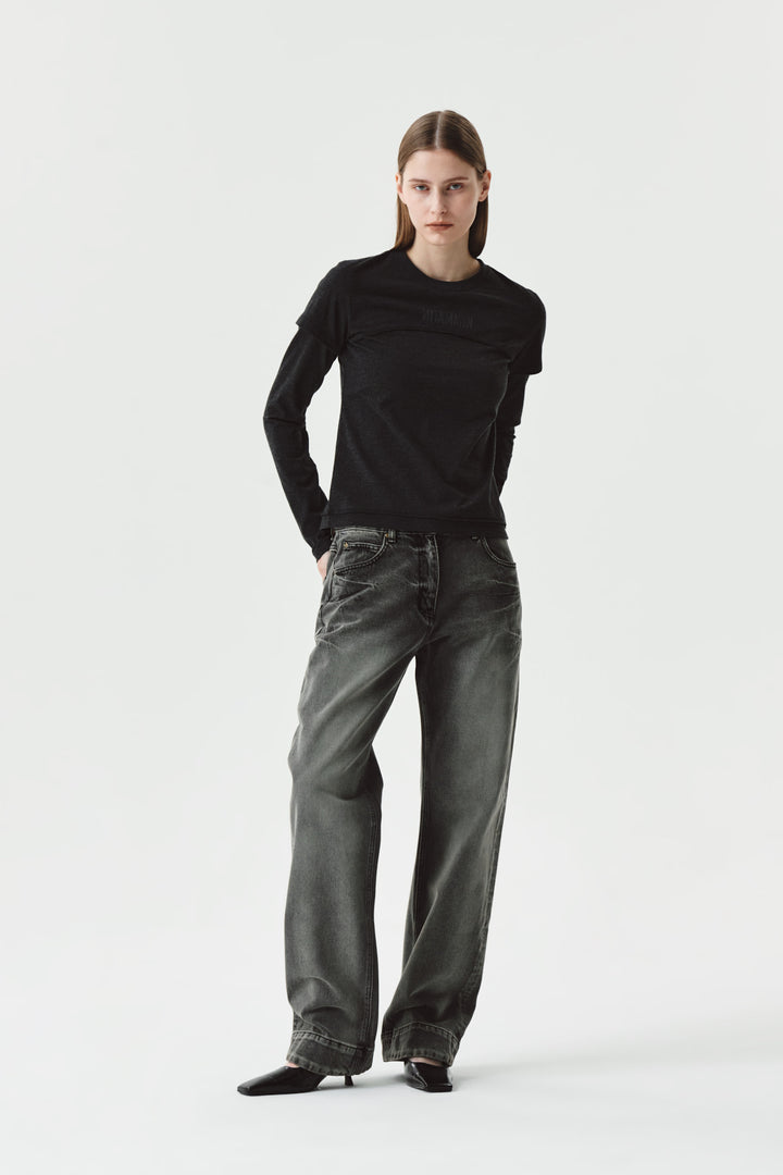 KIMMATIN Double Hem Washed Denim Pants — Gray