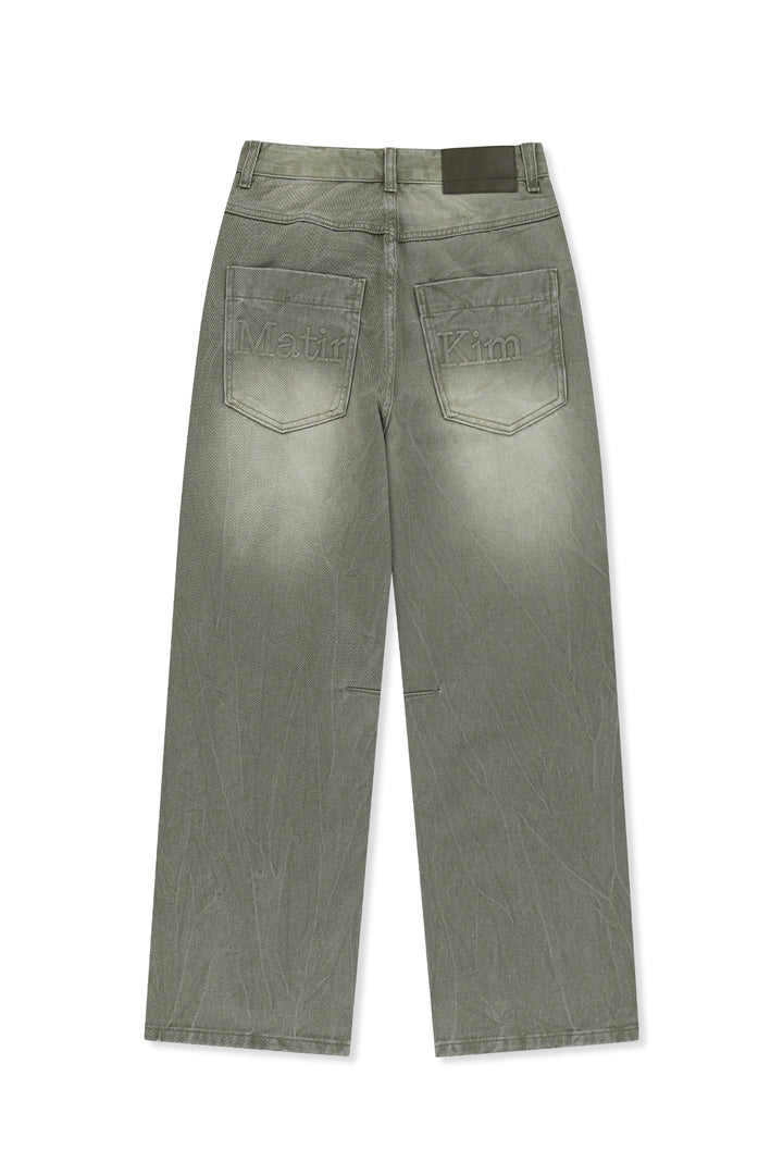 Matin Kim Back Logo Washed Denim Pants — Khaki