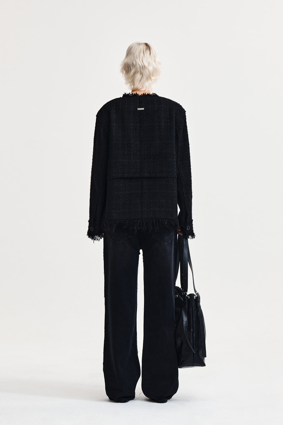 Matin Kim Two Way Collarless Tweed Jacket — Black