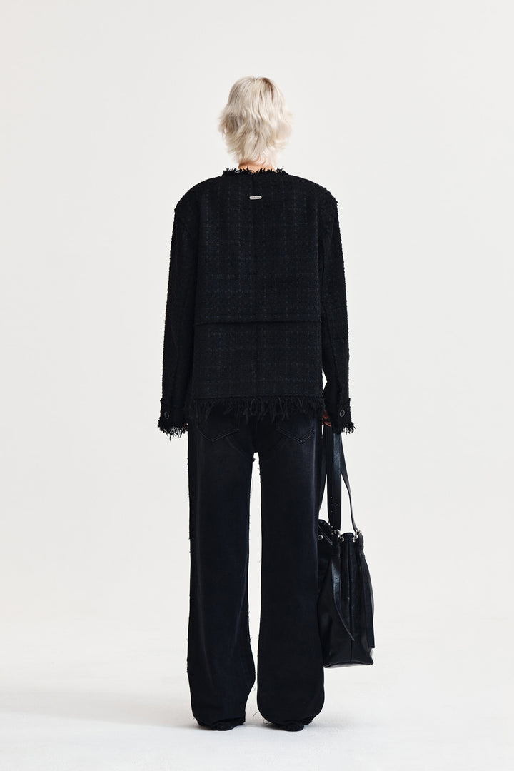 Matin Kim Two Way Collarless Tweed Jacket — Black