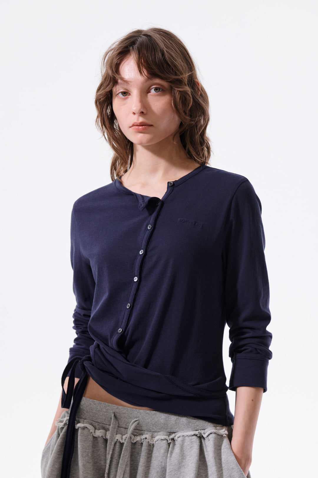 Matin Kim Asymmetric Button Closure Top — Navy blue