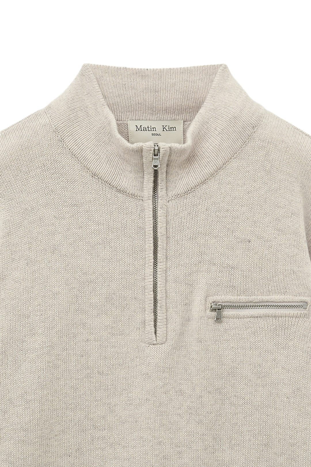 Matin Kim Back Logo Half Knit Zip Pullover — Beige