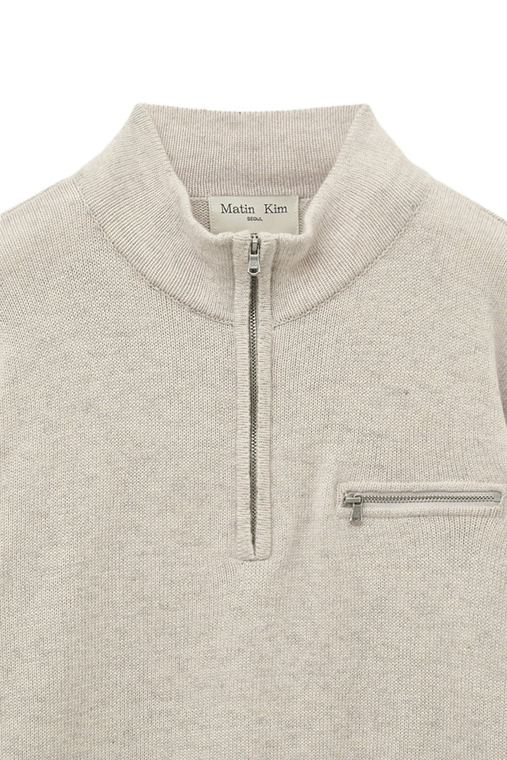Matin Kim Back Logo Half Knit Zip Pullover — Beige
