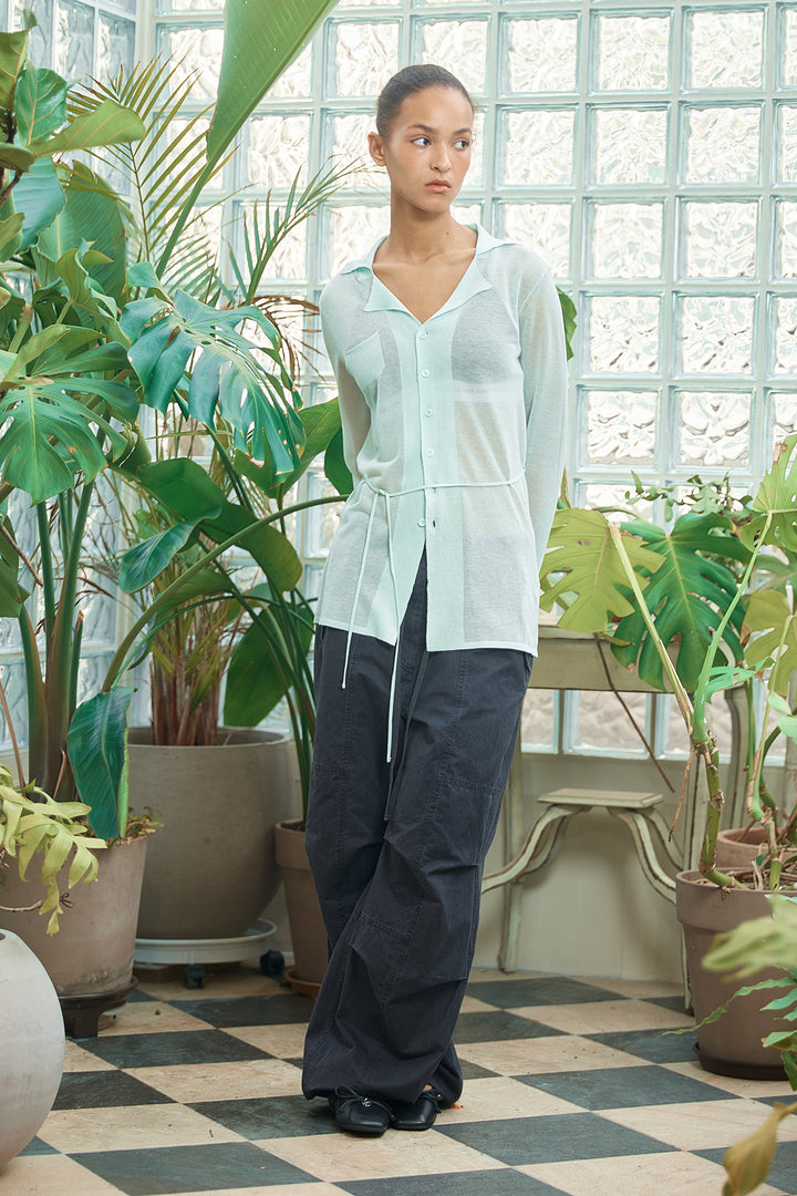 Matin Kim String Point Plain Long Cardigan — Mint