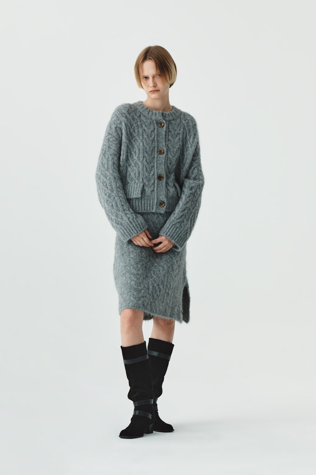 KIMMATIN Wide Cable Midi Knit Skirt — Gray
