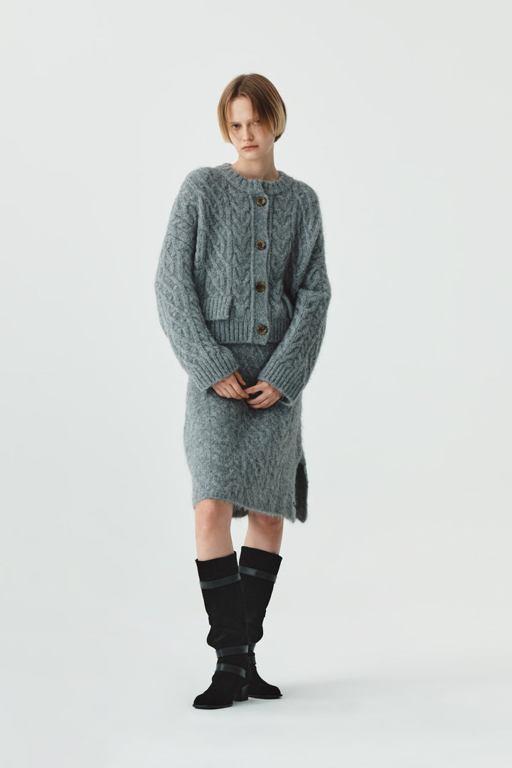 KIMMATIN Wide Cable Midi Knit Skirt — Gray
