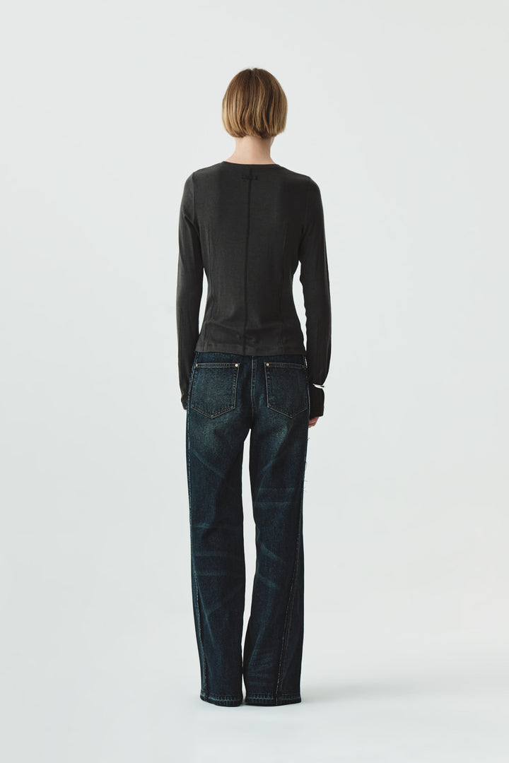 KIMMATIN Washed Cut Out Wide Denim — Navy blue