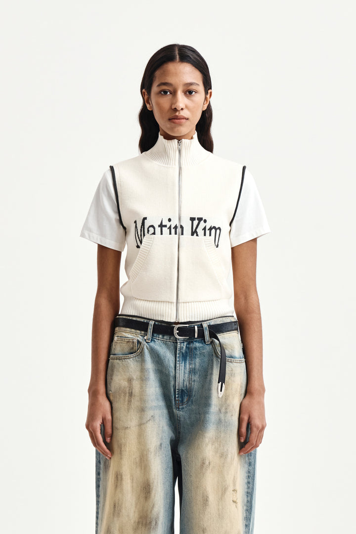Matin Kim Spell Point Knit Zip Up Vest — Ivory
