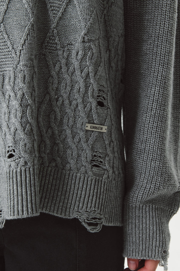 KIMMATIN Cable Mix Damage Knit Pullover — Gray