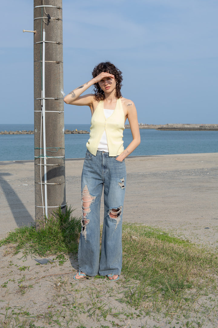 Matin Kim Layered Button Halter Neck Top — Yellow