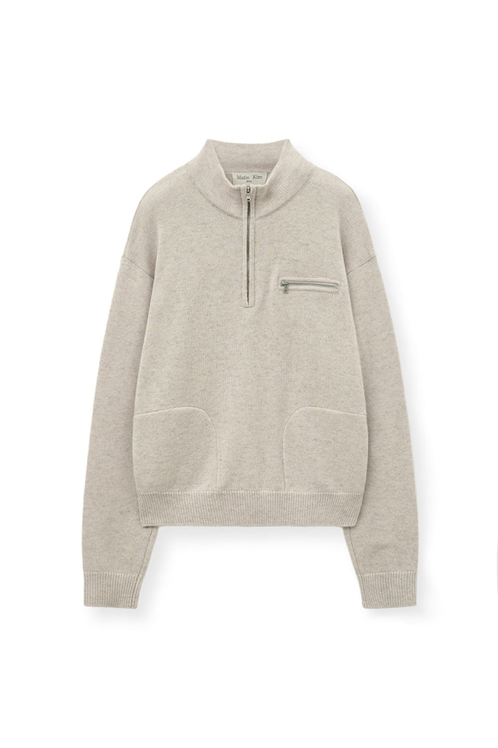 Matin Kim Back Logo Half Knit Zip Pullover — Beige