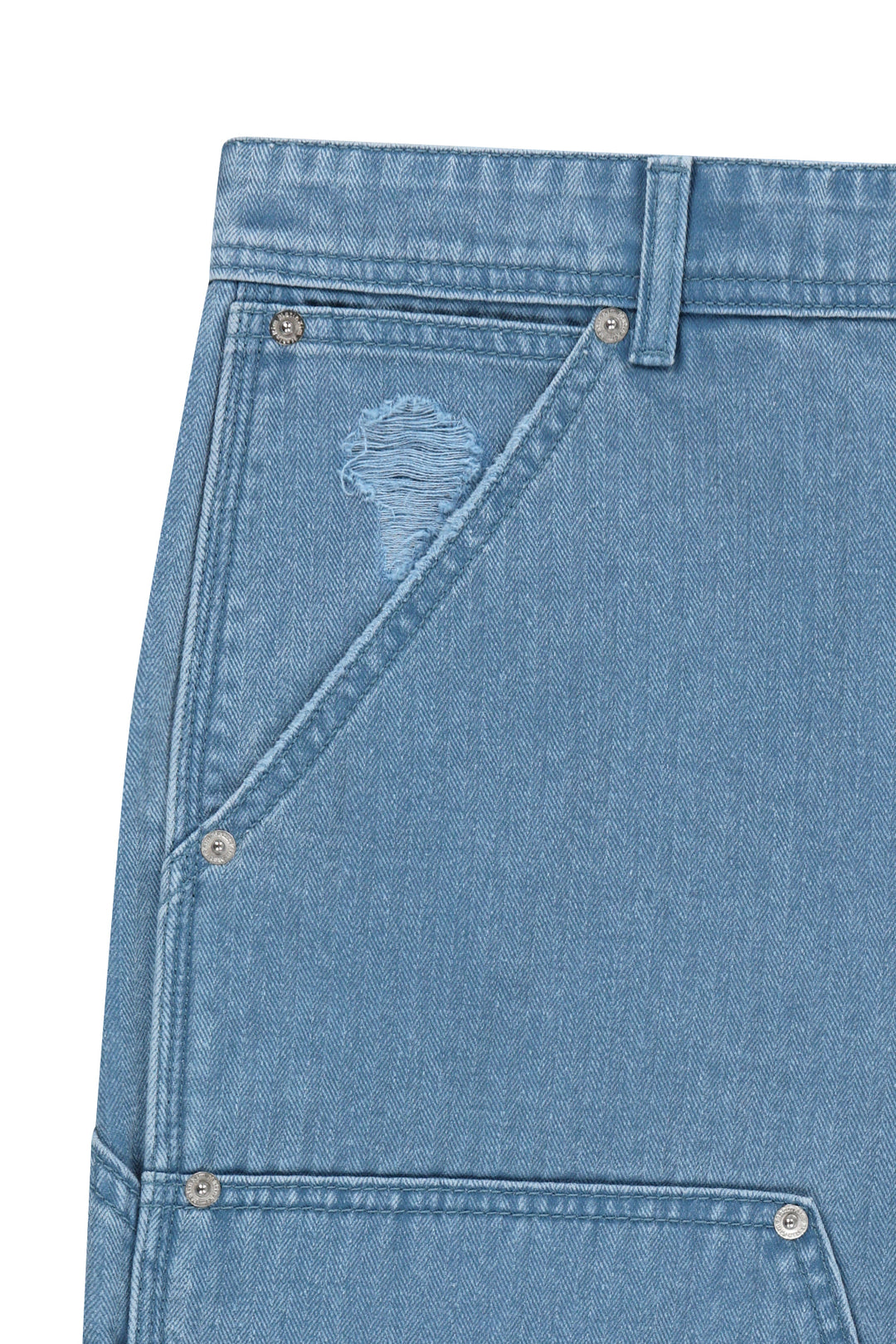 Matin Kim Herringbone Raw Cut Denim Shorts — Light Blue