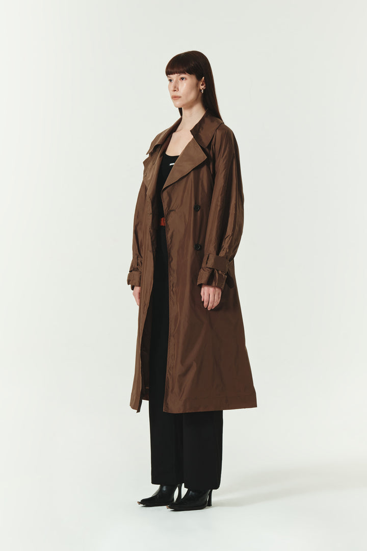KIMMATIN Raglan Belted Nylon Trench Coat — Brown