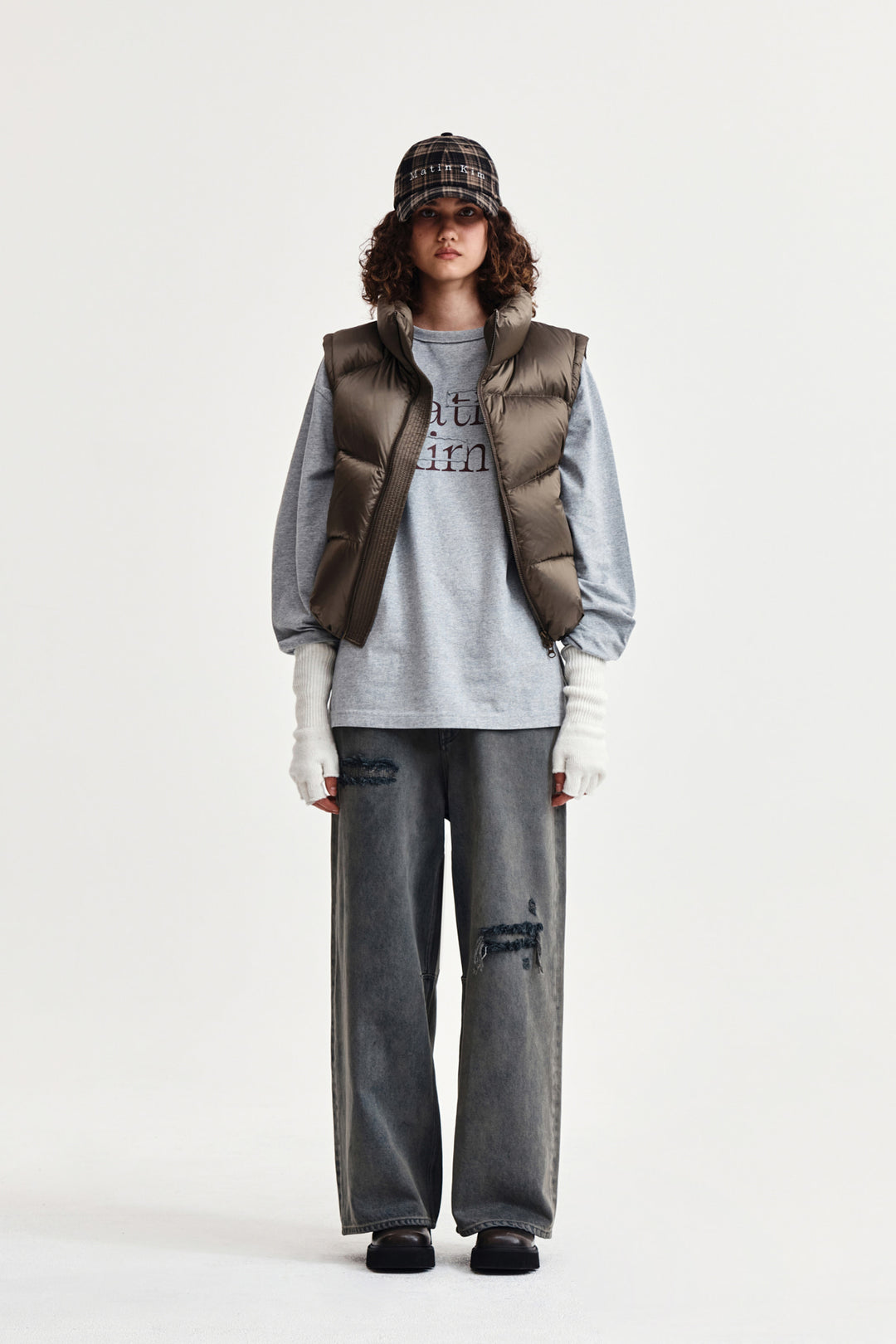 Matin Kim Back Logo Wide Denim — Smoke — Blue