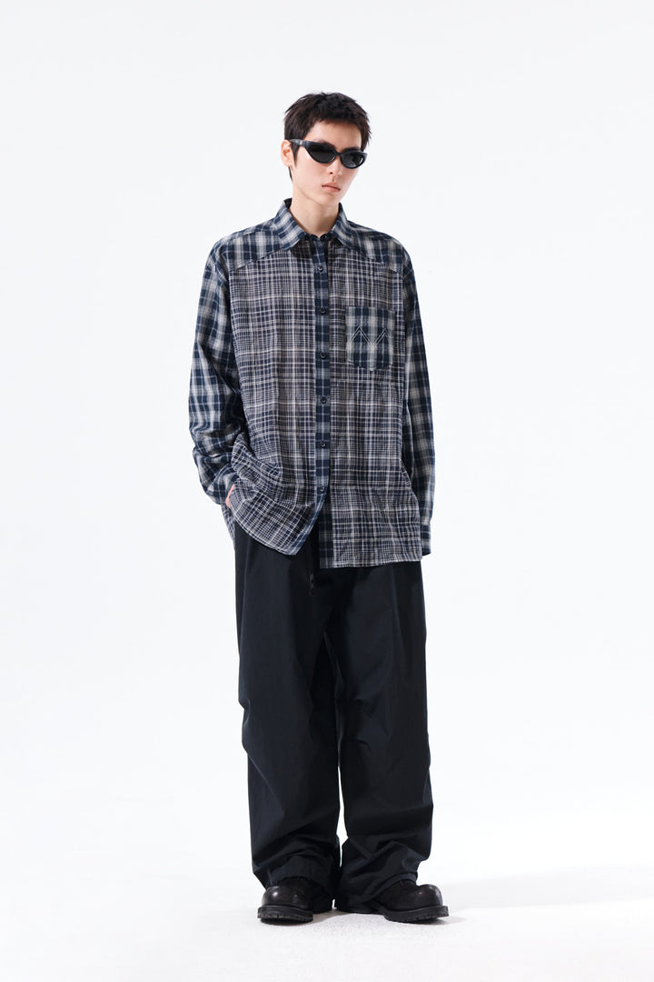 Matin Kim Mixed Check Overfit Shirt — Navy blue
