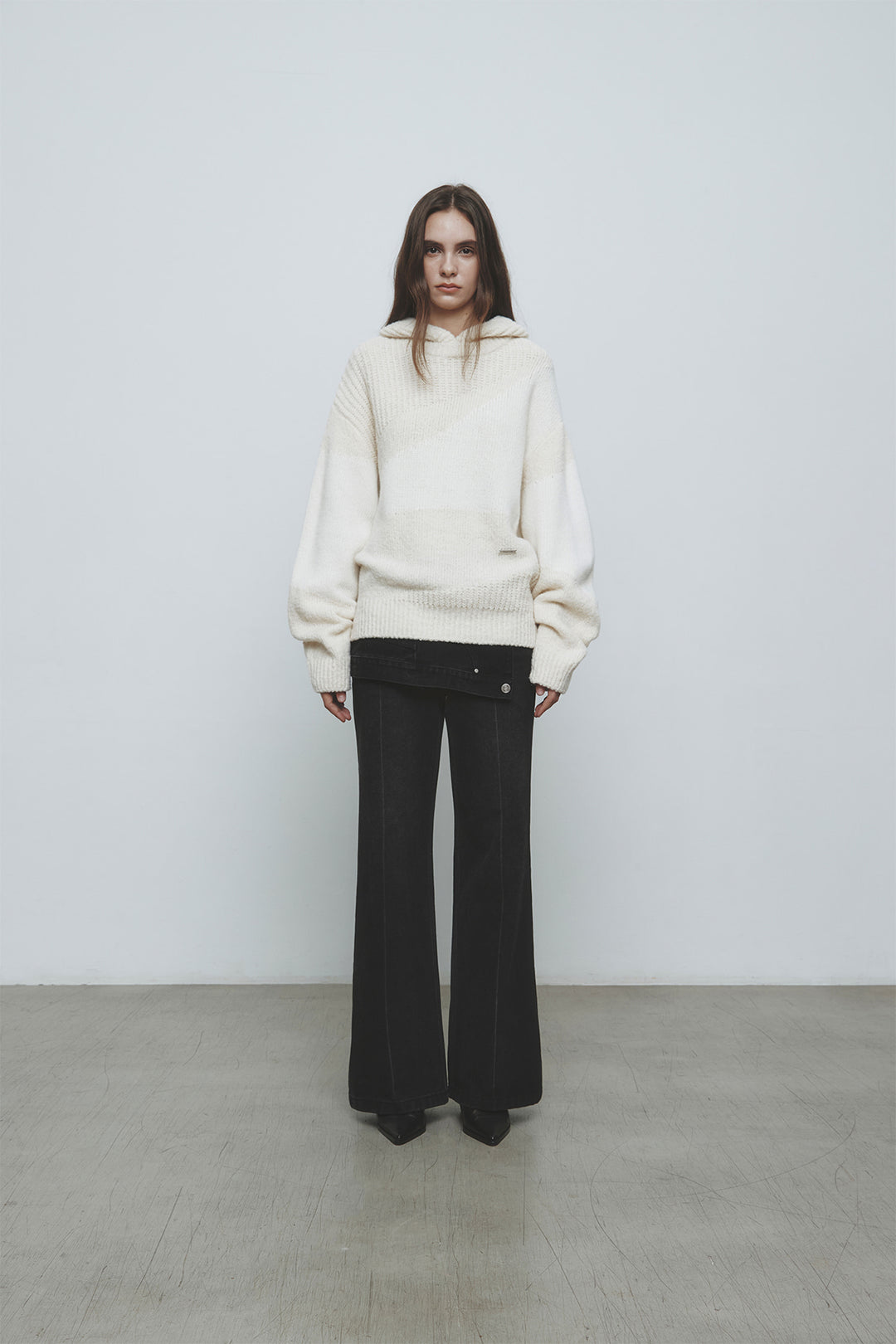 KIMMATIN Color Mix Unbalance Knit Hoody — Ivory