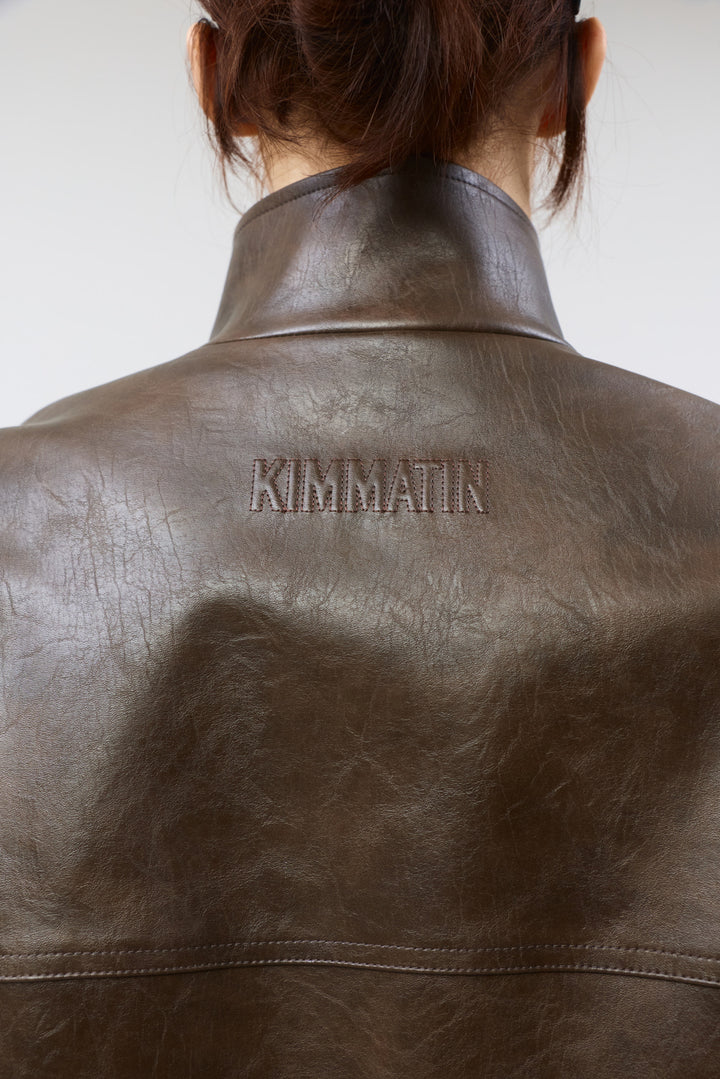 KIMMATIN Oversize Leather Biker Jumper — Brown