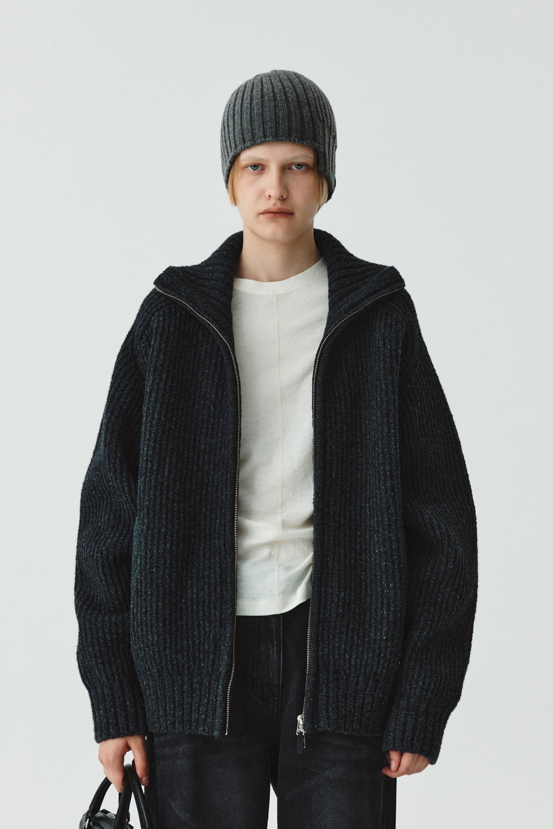 KIMMATIN High Neck Zip Up Cardigan — Charcoal