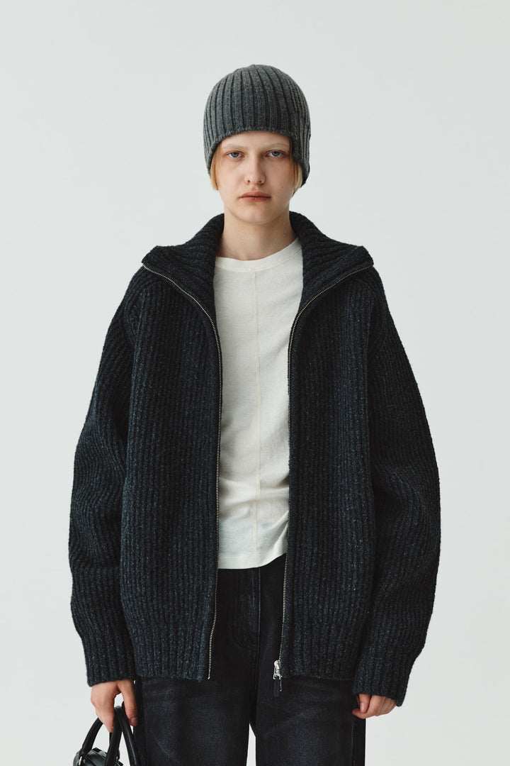 KIMMATIN High Neck Zip Up Cardigan — Charcoal