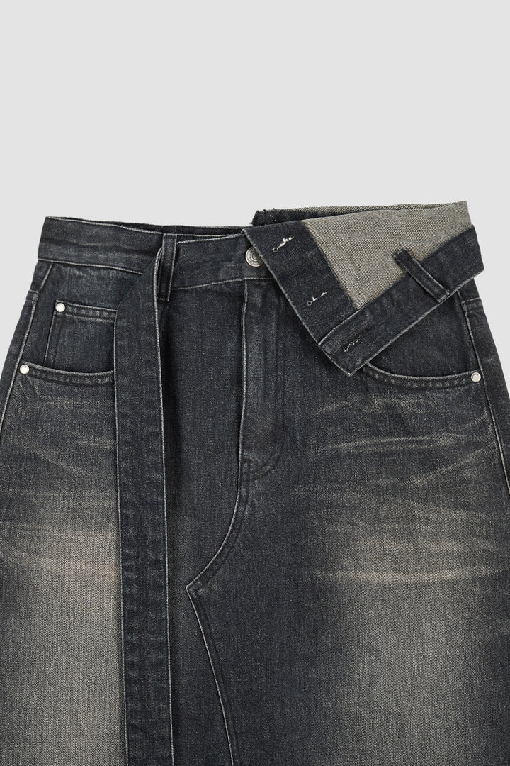 KIMMATIN Foldover Vintage Washed Denim Skirt — Black