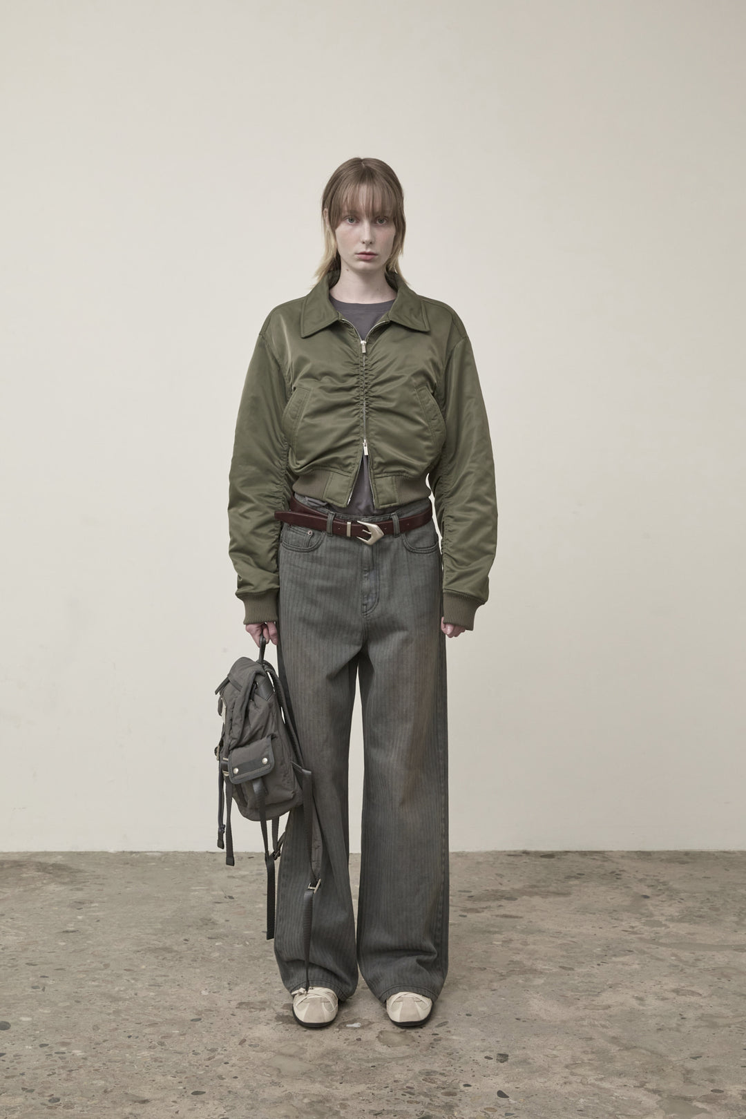 Matin Kim Appliqué Logo Shirring Bomber Jacket — Khaki