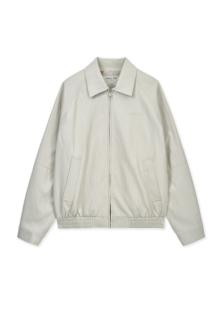 Matin Kim Small Logo Faux Leather Zip-Up — Light Grey