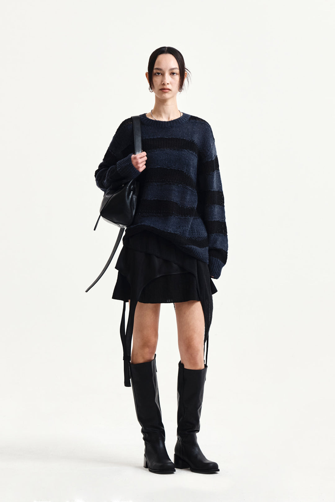 Matin Kim Texture Block Stripe Knit Pullover — Navy blue
