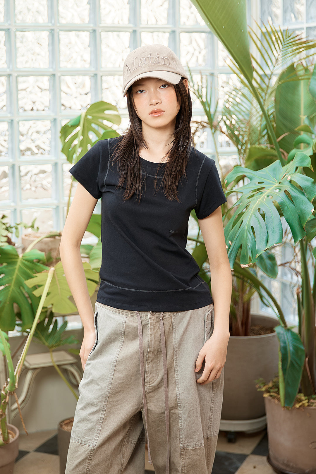 Matin Kim Stitch Point Small Logo Top — Black