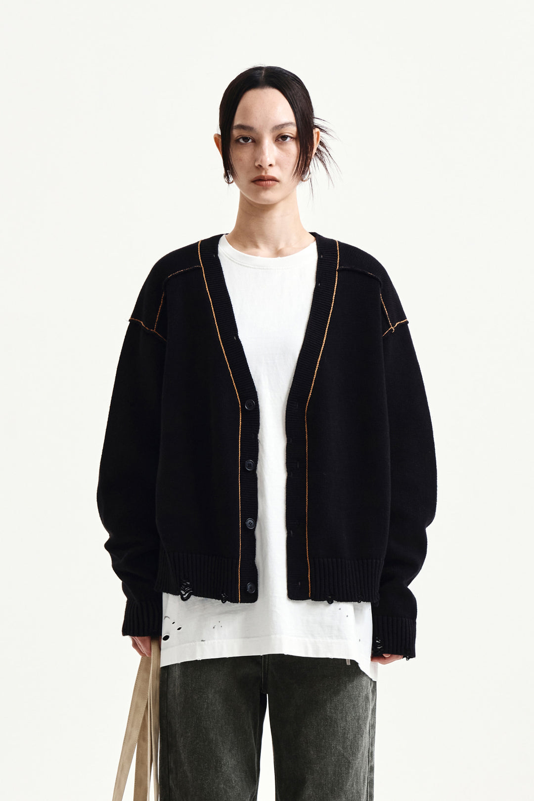 Matin Kim Back Logo Line Point Knit Cardigan — Black