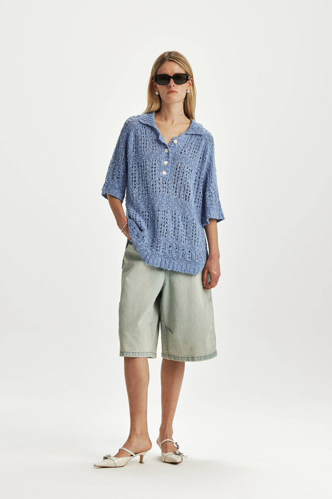 KIMMATIN Punching Knit Collar Top — Light Blue