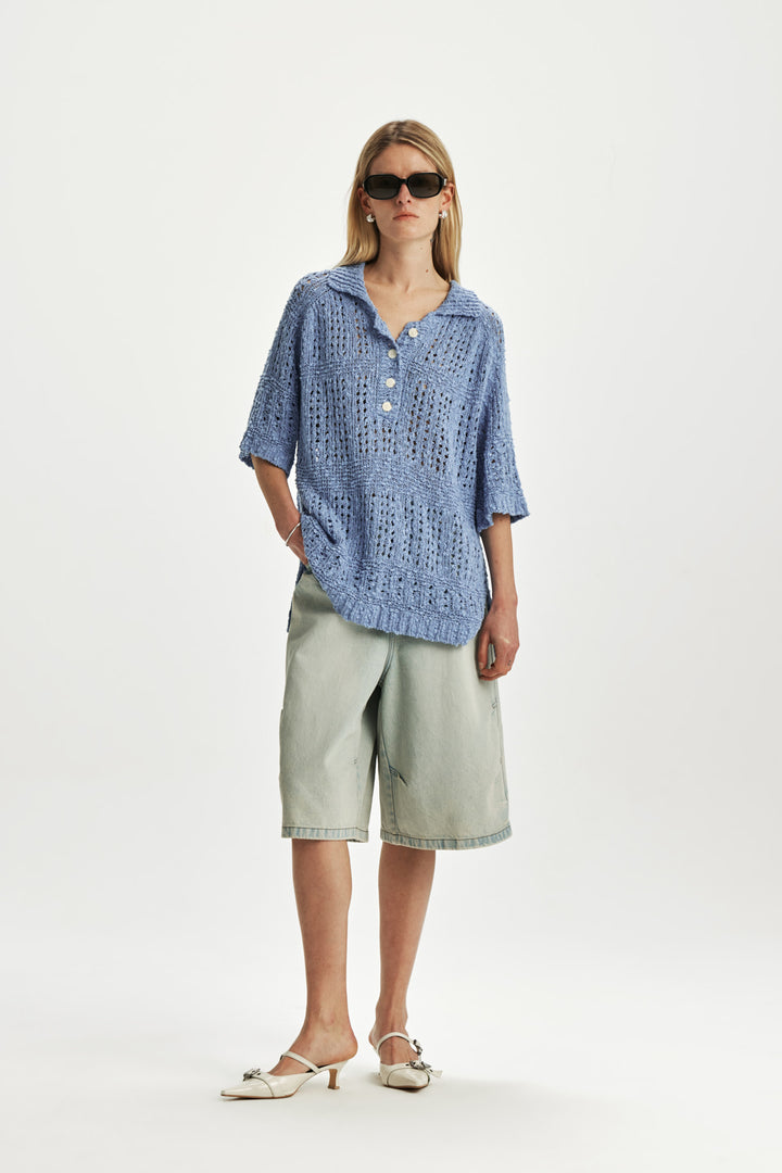 KIMMATIN Punching Knit Collar Top — Light Blue