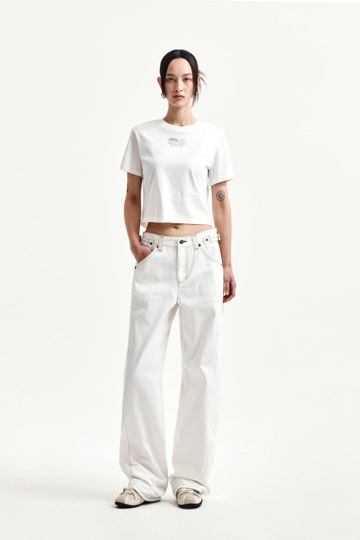 Matin Kim Waist Buckle Stitch Twill Denim — Ivory