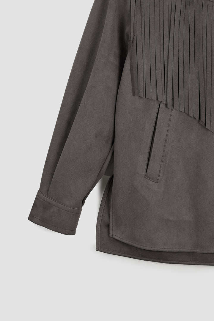 KIMMATIN Suede Fringe Jacket in Dark — Gray