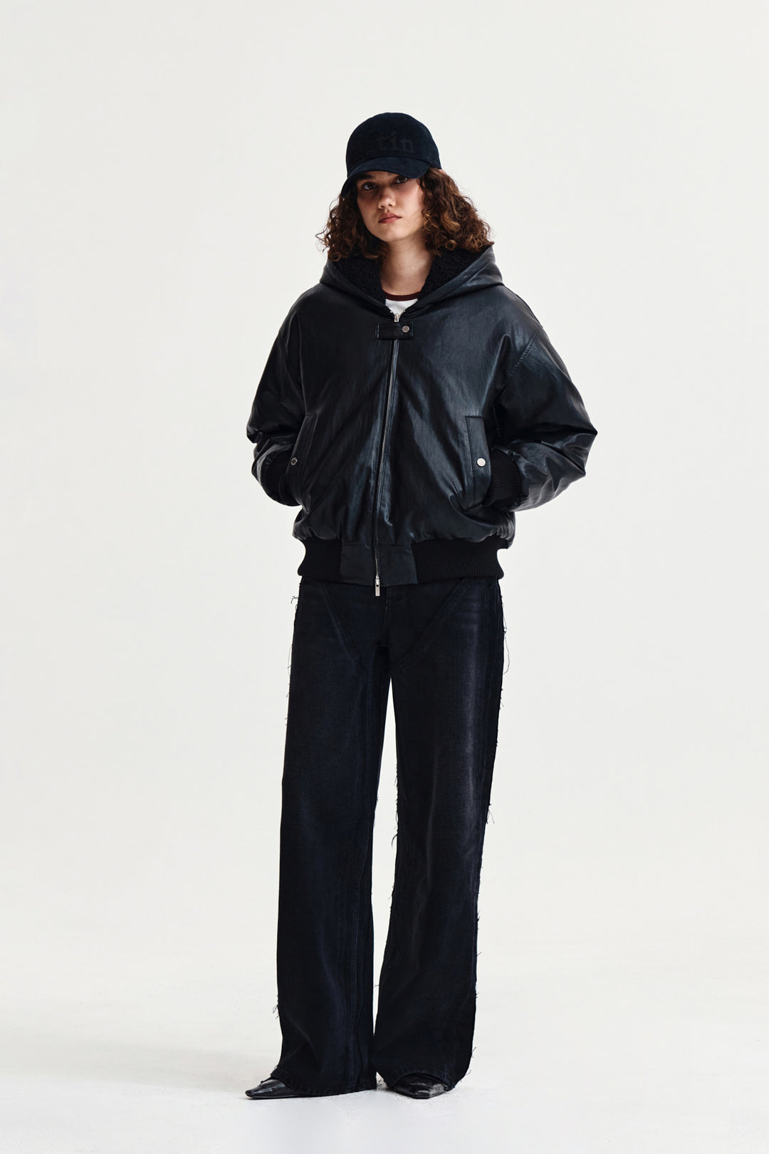 Matin Kim Faux Leather Zip-Up Hoody — Black