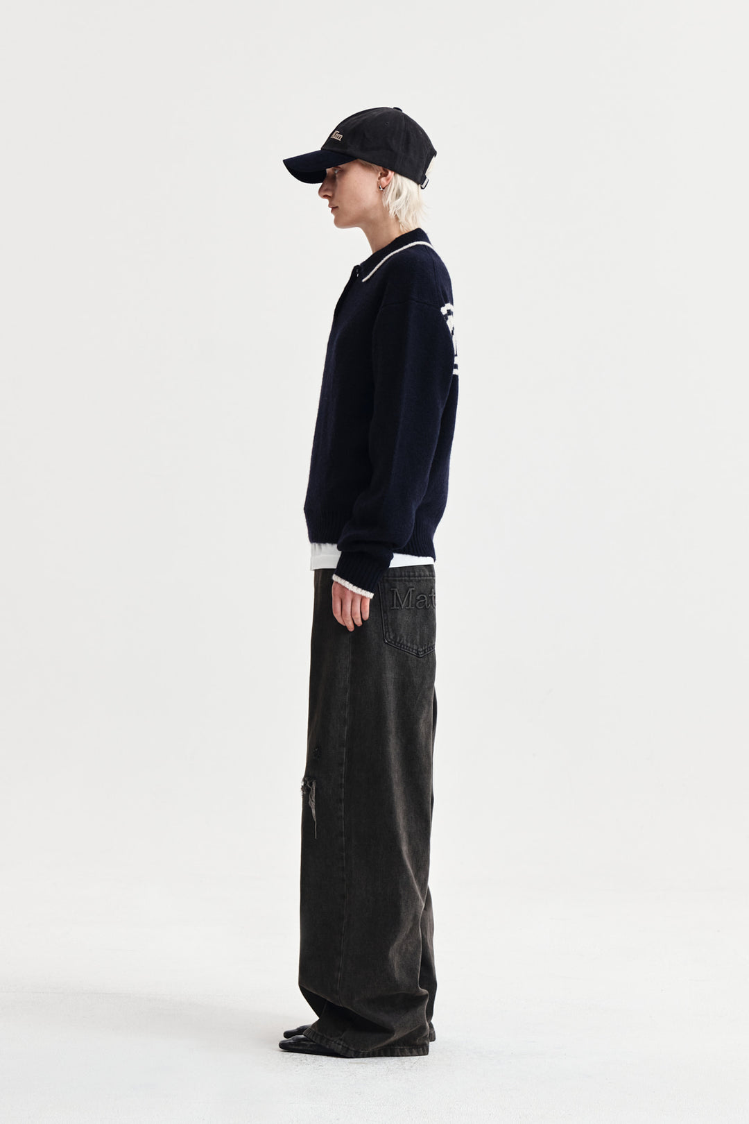 Matin Kim Back Logo Collar Knit Top — Dark Navy