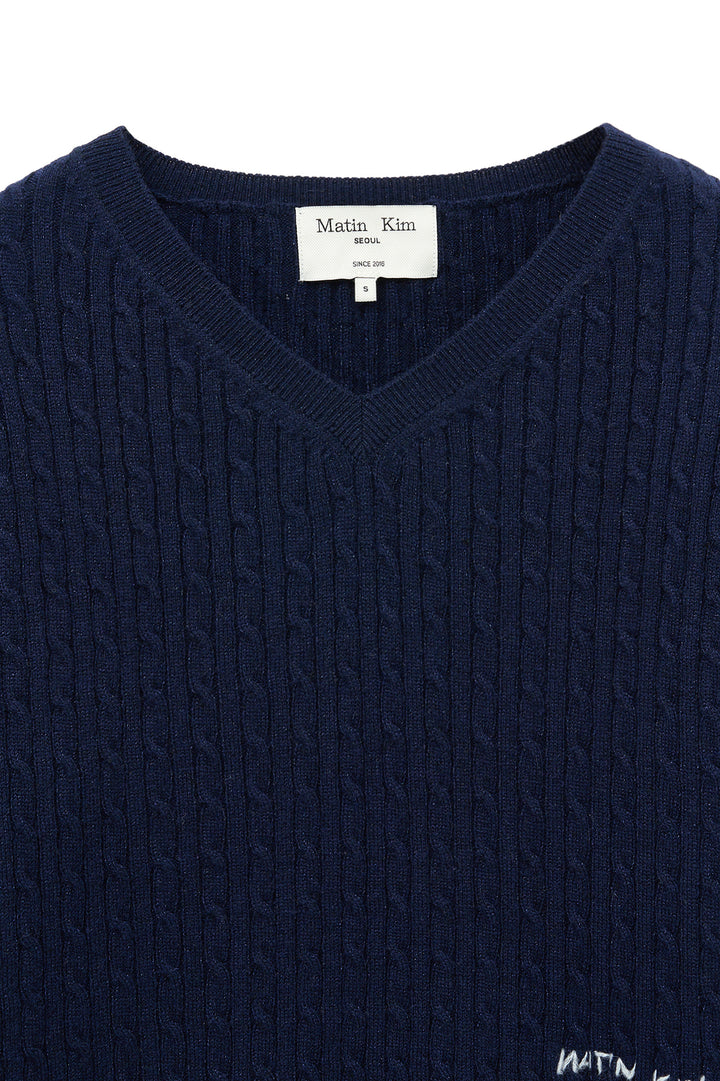 Matin Kim Shiny Cable Pullover — Navy blue