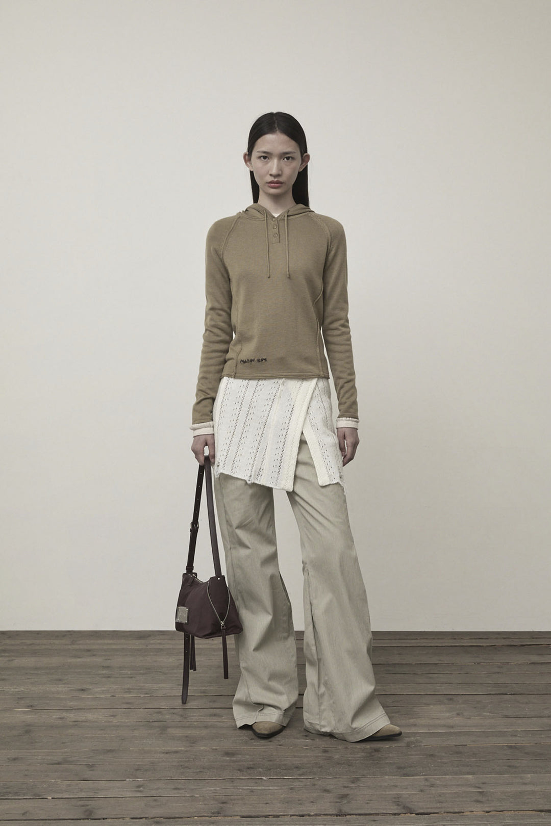 Matin Kim Button Hoody Raglan Knit — Khaki