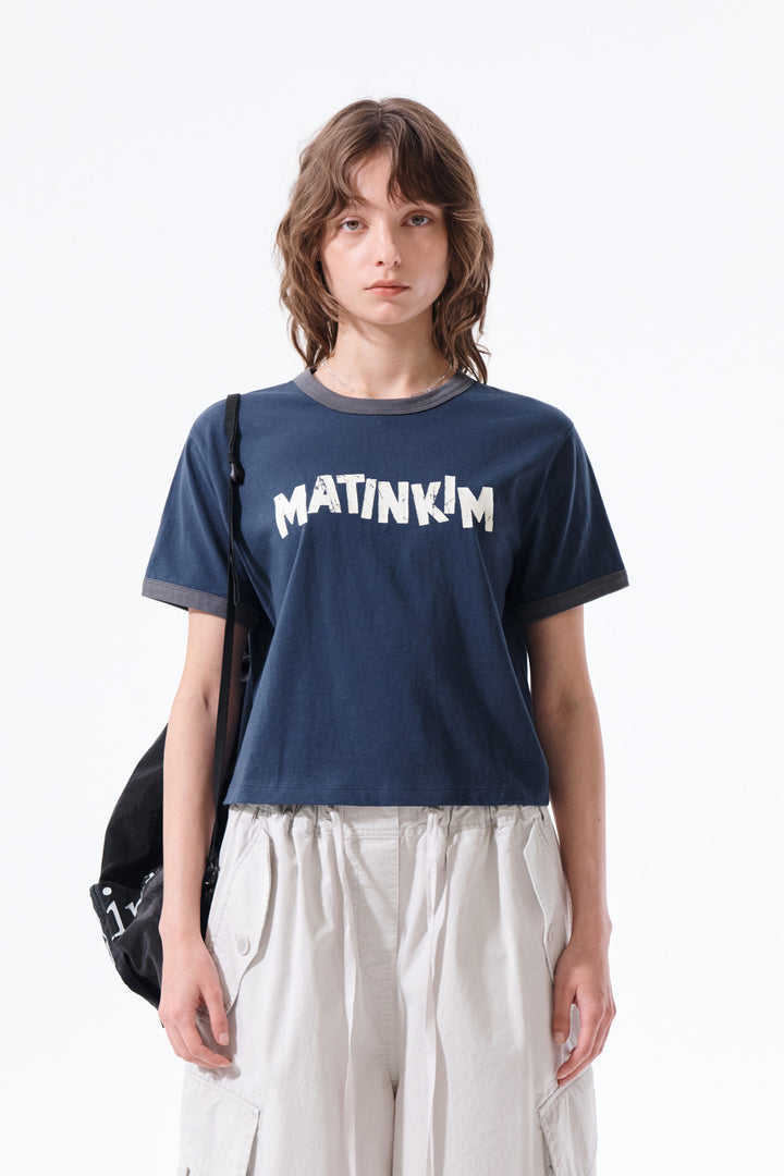 Matin Kim Logo Ringer Crop Top — Navy blue