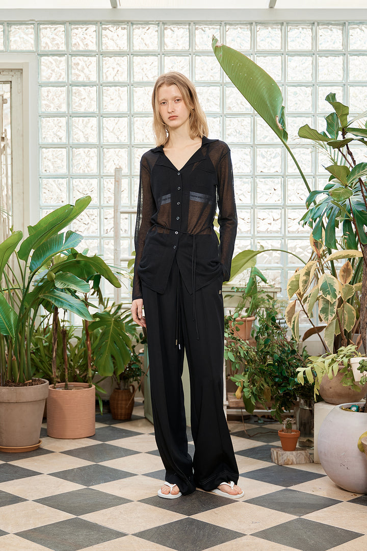 Matin Kim String Point Plain Long Cardigan — Black