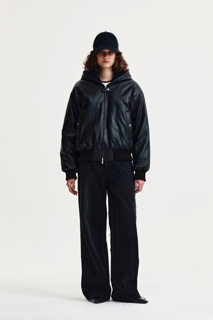 Matin Kim Faux Leather Zip-Up Hoody — Black