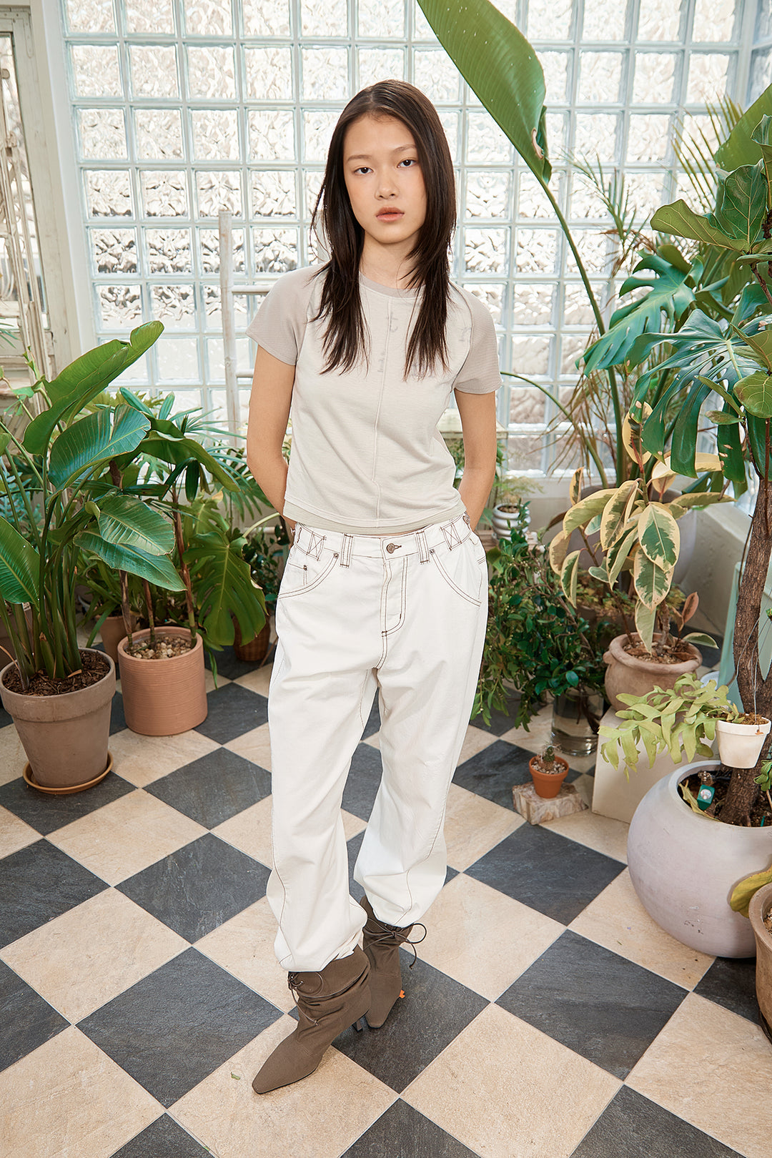 Matin Kim Pintuck Layered Slim Crop Top — Khaki